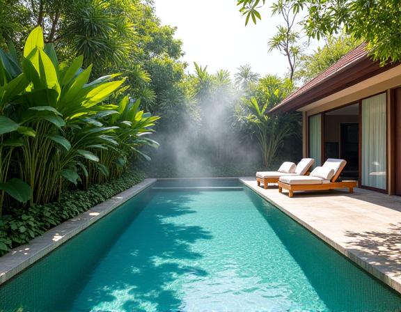 Pemandangan kolam renang di Villa Asri, Seminyak, Bali.